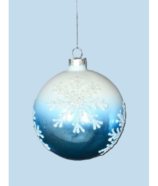 Ornement en verre, boule en verre bleu avec des motifs de flocons de neige