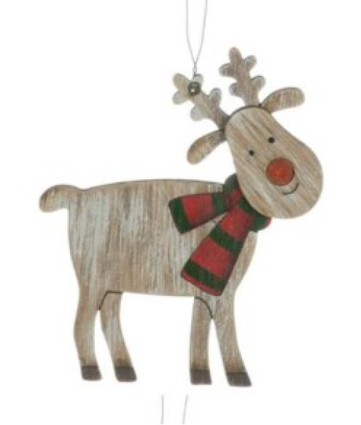 Ornement en bois, cerf avec une écharpe rouge