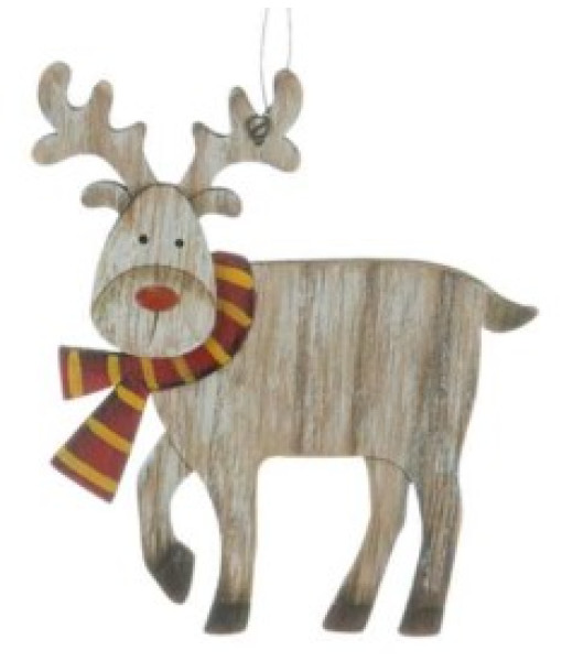 Ornement en bois, cerf avec une écharpe rayée