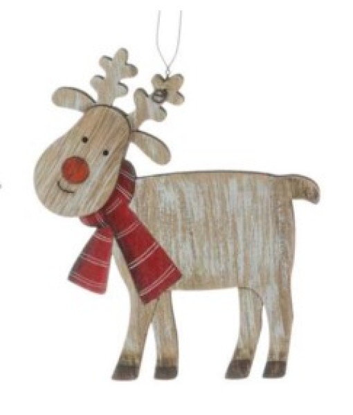 Ornement en bois, cerf avec une écharpe rayée