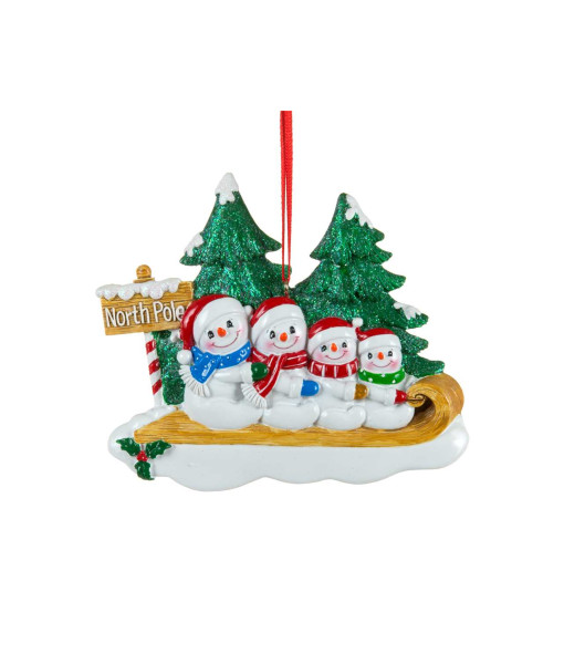 Ornement personnalisable, La famille Bonhomme de neige de 4 personnes, sur une luge