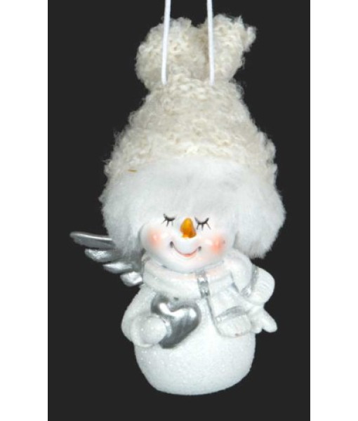 Ornement bonhomme de neige, avec un chapeau blanc et duveteux.
