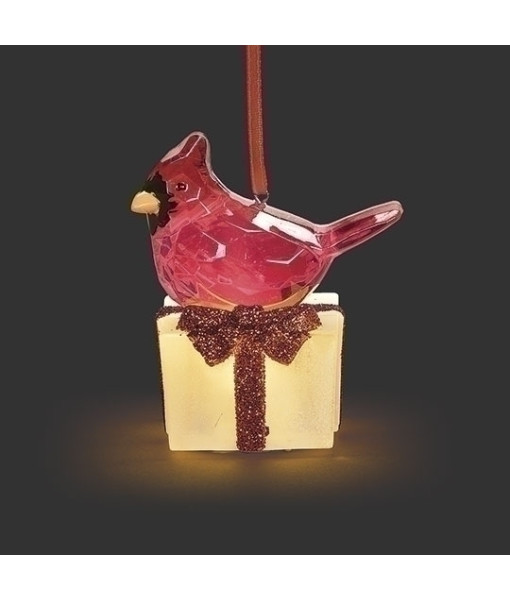Ornement, Cardinal en cristal éclairé sur cadeau givré