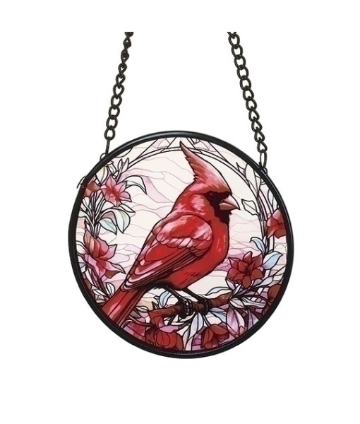 Ornement rond en vitrail Cardinal & Poinsettias
