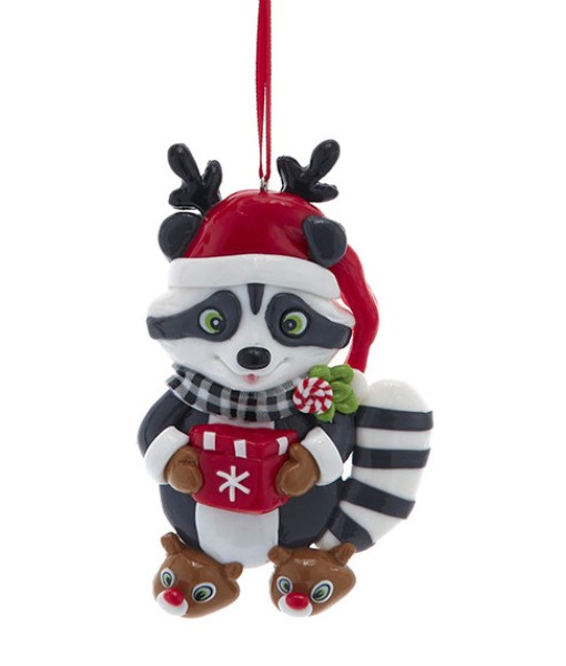 Ornement, un raton laveur mignon avec une boîte cadeau rouge