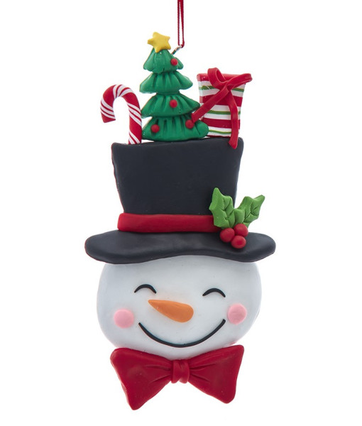 Ornement, tête de bonhomme de neige portant un chapeau décoré de manière festive