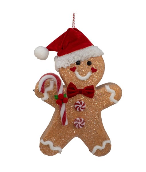 Pain d’épices avec canne d’orge et chapeau de Père Noël, ornement