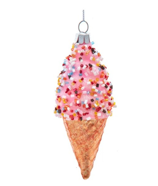 Ornement en verre, cornet de creme glace rose avec des vermicelles