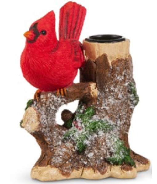 Décor de table, cardinal rouge sur une souche d'arbre, porte-bougie