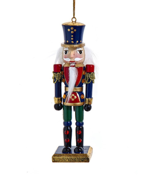 Ornement en bois, soldat casse-noisette bleu et doré.