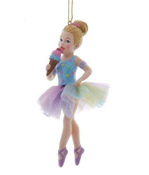 Ornement, ballerine en bleu, tenant un cornet de glace