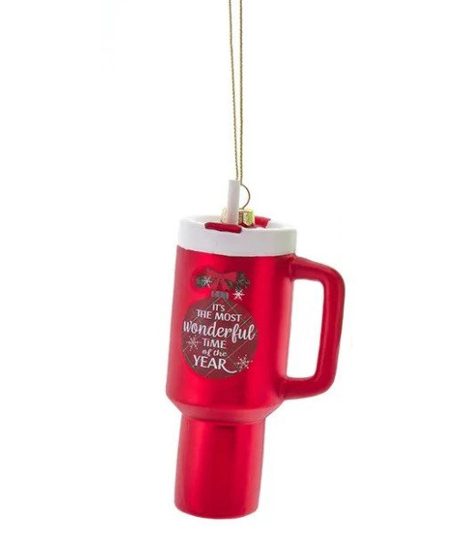 Ornement en verre, tasse thermos rouge