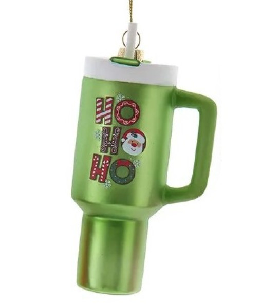 Ornement en verre, tasse thermos verte.