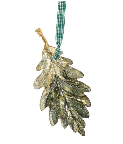 Ornament, oak leaf with green plaid ribbon
