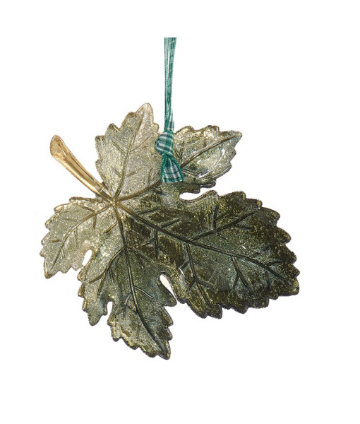 Ornament, maple leaf with green plaid ribbon