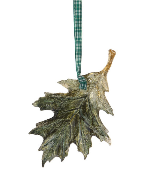 Ornament, elm leaf with green plaid ribbon
