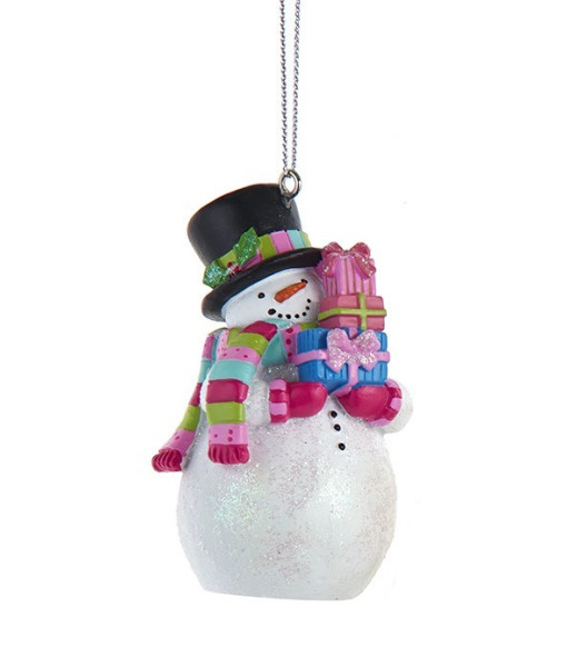Ornement, bonhomme de neige avec écharpe rayée rose
