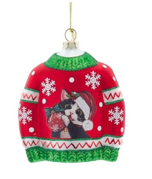 Ornement en verre, pull de Noël avec motif de chat Ornement en verre, pull de Noël avec motif de chat