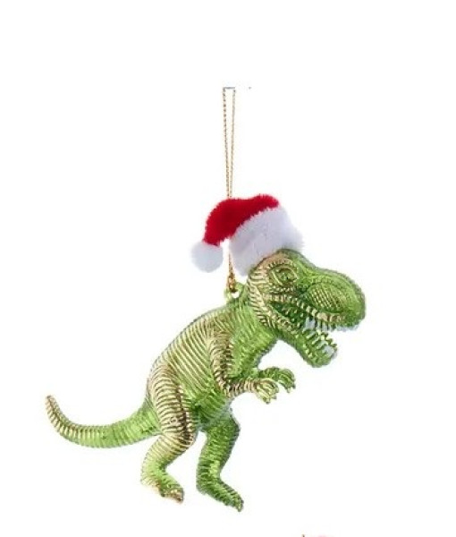 Ornement, dinosaure doré avec un chapeau de Noël