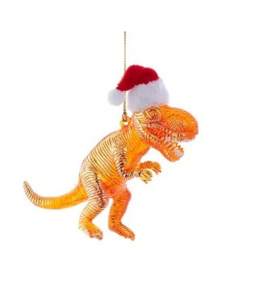 Ornement, dinosaure orange avec un chapeau de Noël