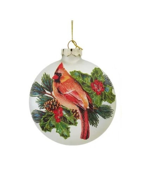 Ornement en verre en forme de balle plate, avec un cardinal, des feuilles de houx et une pomme de pin