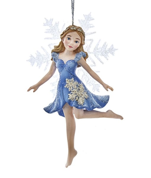 Fée avec robe bleue et ailes en flocon de neige