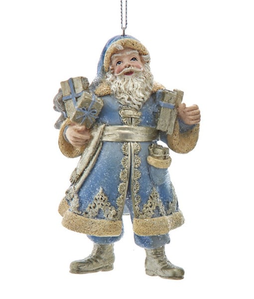 Ornement Père Noël en platine bleu avec boîtes cadeaux
