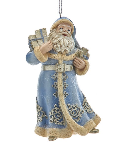 Ornement Père Noël en platine bleu avec boîtes cadeaux