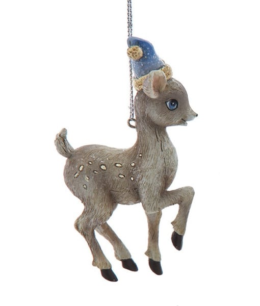 Ornement de renne vintage avec bonnet de Père Noël bleu
