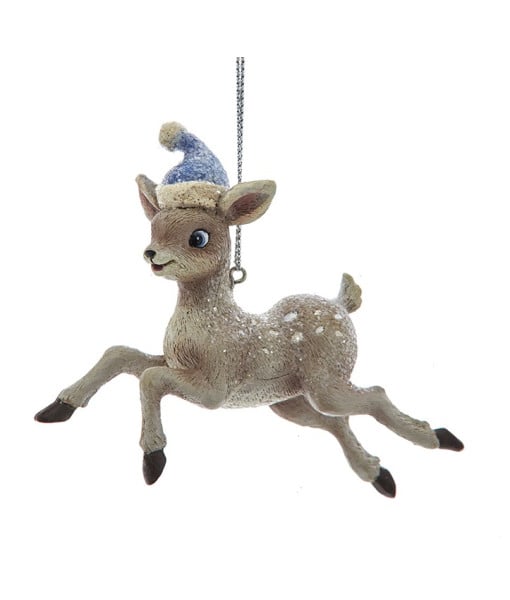 Ornement de renne vintage avec bonnet de Père Noël bleu