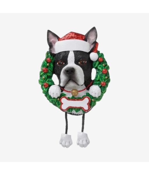 Ornement, personnalisable, Bouledogue Boston avec une couronne festive
