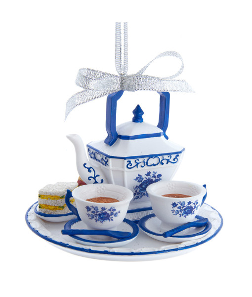 Ornement en résine, service à thé bleu et blanc