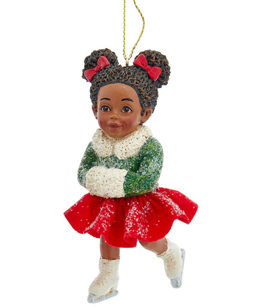 Ornement en résine, fille afro-américaine patinant avec jupe rouge