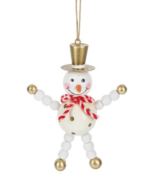 Ornement en bois de style nordique, bonhomme de neige avec un chapeau doré.