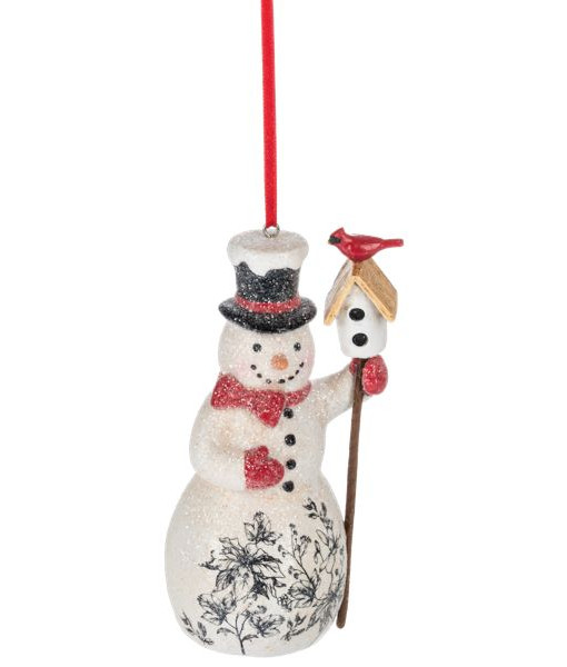 Ornement en forme de bonhomme de neige avec cardinal et nichoir