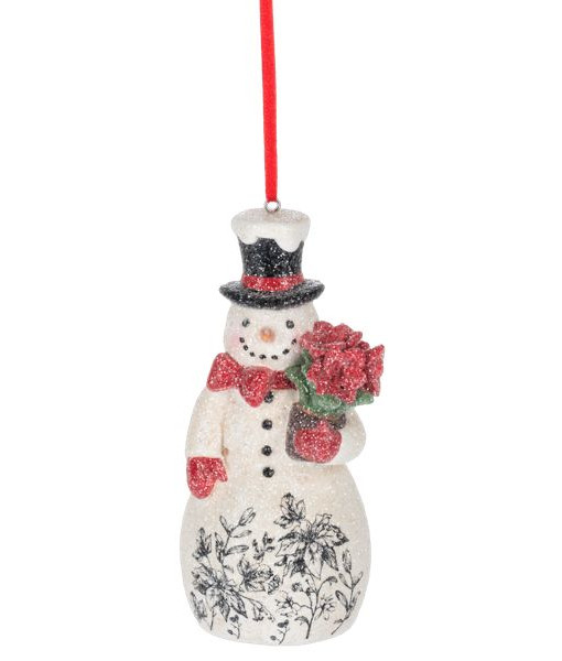 Ornement en forme de bonhomme de neige avec un bouquet de poinsettias