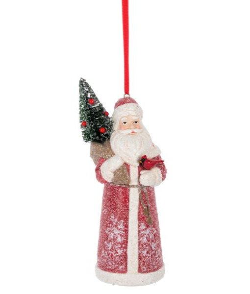 Ornement en forme de Père Noël, avec petit sapin de Noël et cardinal
