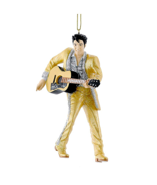 Ornement en résine, Elvis Presley® en costume doré avec guitare.