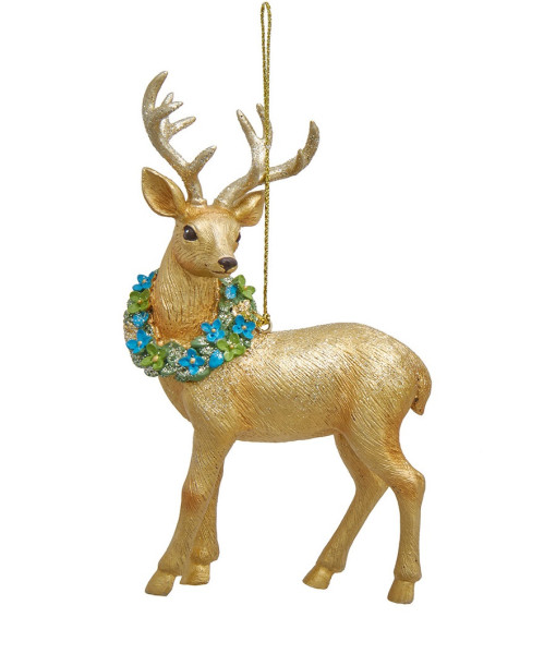 Ornement, Cerf en Or avec Couronne Bleue et Verte