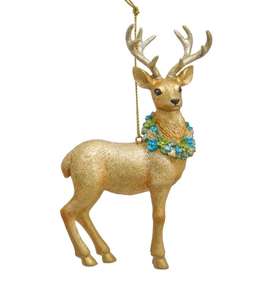 Ornement, Cerf en Or avec Couronne Bleue et Verte