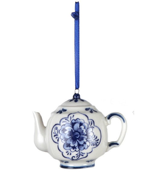 Ornement en porcelaine, théière bleu Delft.