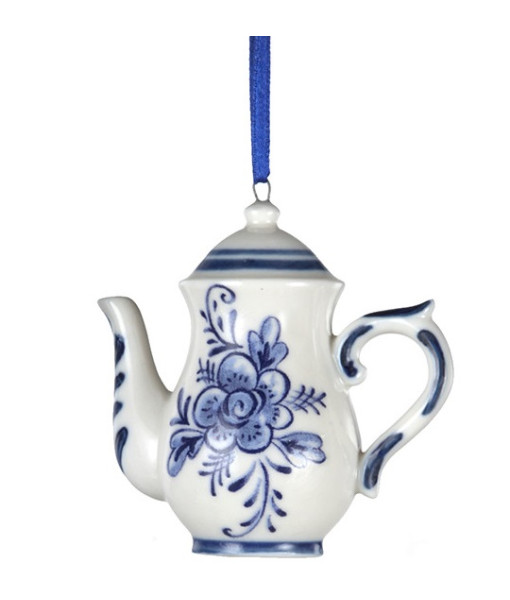 Ornement en porcelaine, théière bleu Delft.