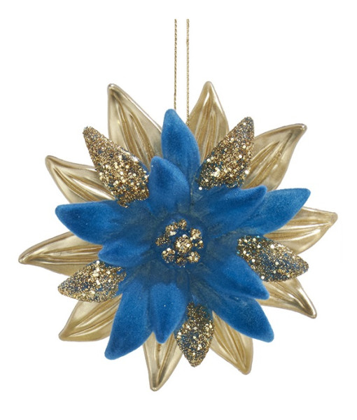 Ornement en plastique, poinsettia turquoise et or