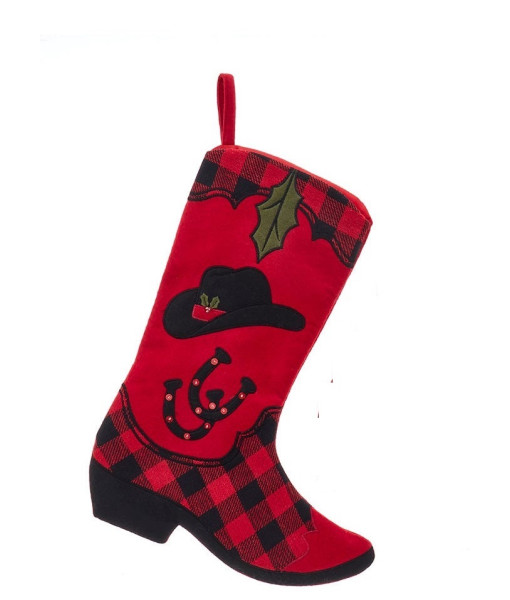 Décor, chaussette de Noël, botte de cowboy en feutre à motif carreaux. Décor, chaussette de Noël, botte de cowboy en feutre à motif carreaux.