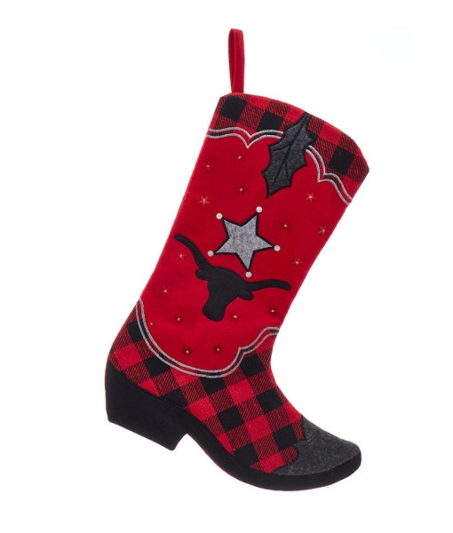 Décor, chaussette de Noël, botte de cowboy en feutre à motif carreaux.