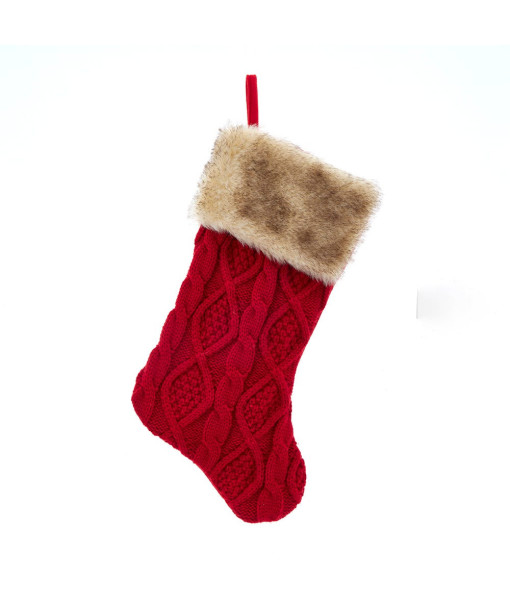 Décor, bas de Noël, bas rouge en tricot torsadé avec bord en fausse fourrure marron