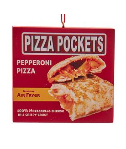 Ornement en plastique, aliments surgelés, mini-pizzas.