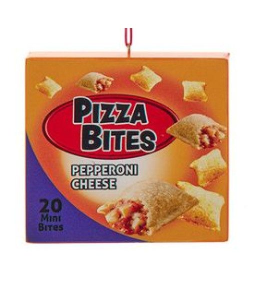 Ornement en plastique, aliments surgelés, bouchées de pizza.