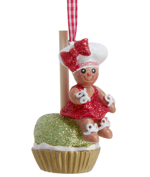 Ornement en résine, petit bonhomme en pain d'épices sur pomme festive