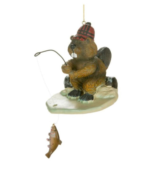 Castor sur la glace, en train de pêcher, ornement.